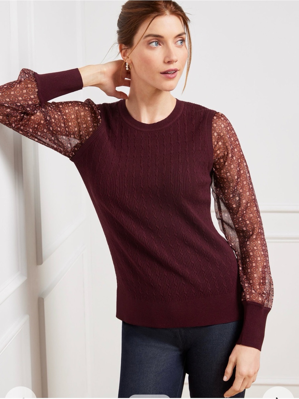 Talbots Women’s Size L Woven Sheer Sleeve Plum Crewneck Cable-Knit Sweater